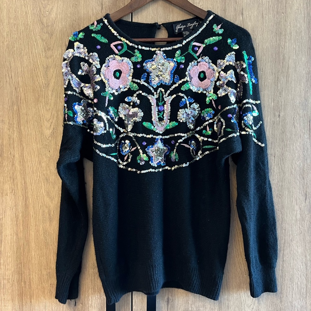 Vintage 80s Gladys Bagley Sequin Floral Sweater - Black - L